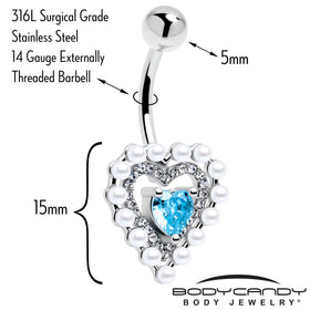 Blue CZ Gem Pearly Heart Belly Ring