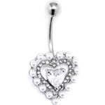 Clear CZ Gem Pearl Heart Belly Ring