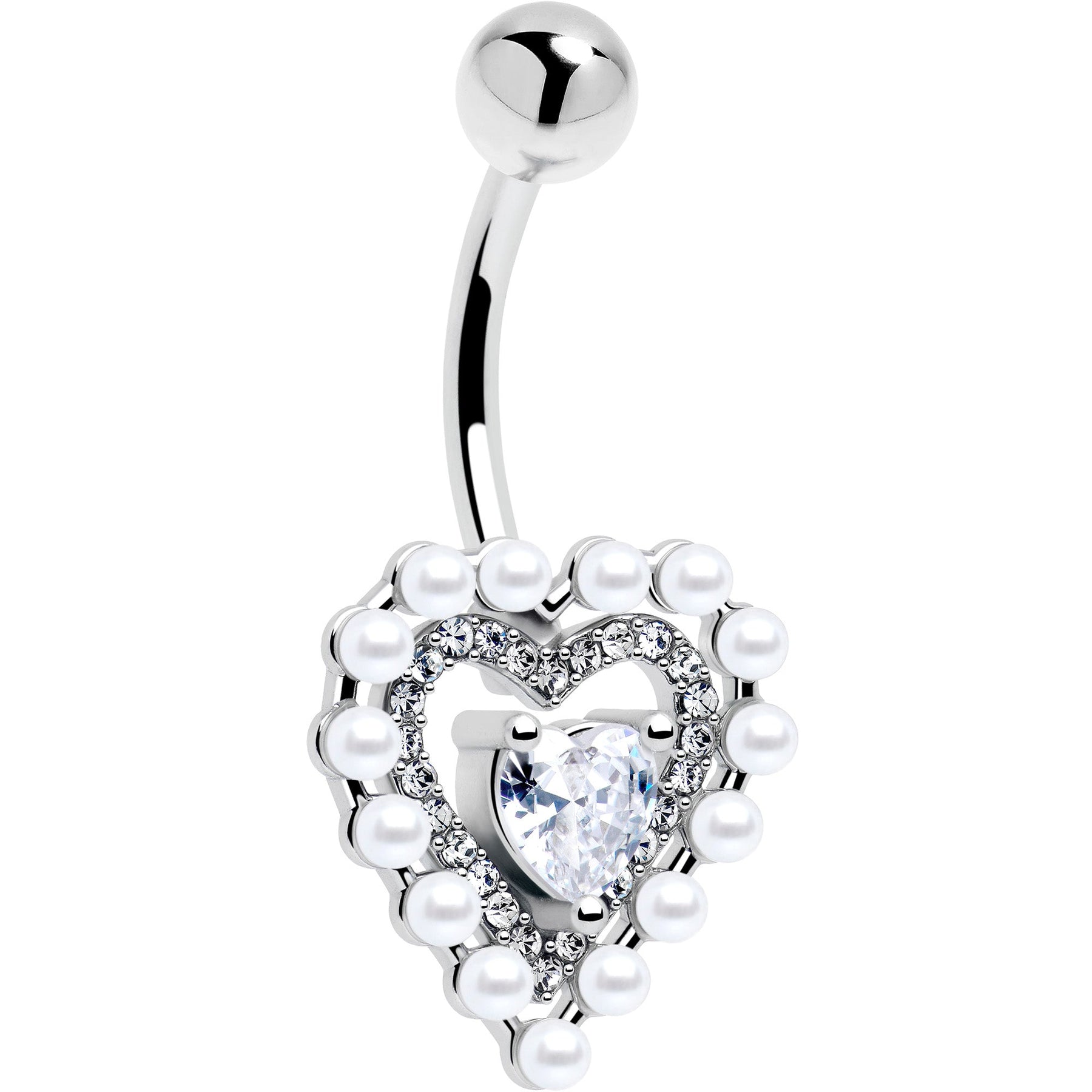 Clear CZ Gem Pearl Heart Belly Ring