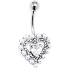 Clear CZ Gem Pearl Heart Belly Ring