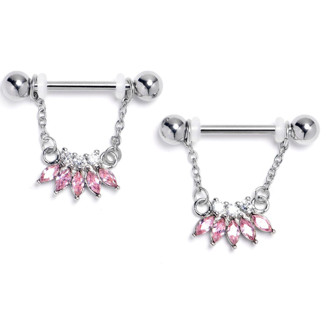 14G 9/16 Pink Gem Fashion Fan Chain Dangle Nipple Ring Set