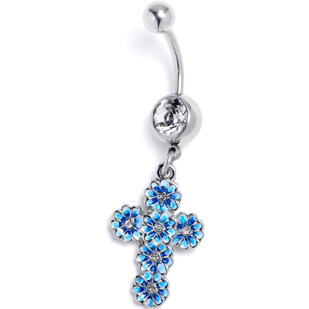 Clear Gem Beautifully Blue Flower Cross Dangle Belly Ring