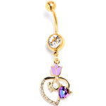 Purple Clear Gem Gold Tone Tulip Heart Flower Dangle Belly Ring
