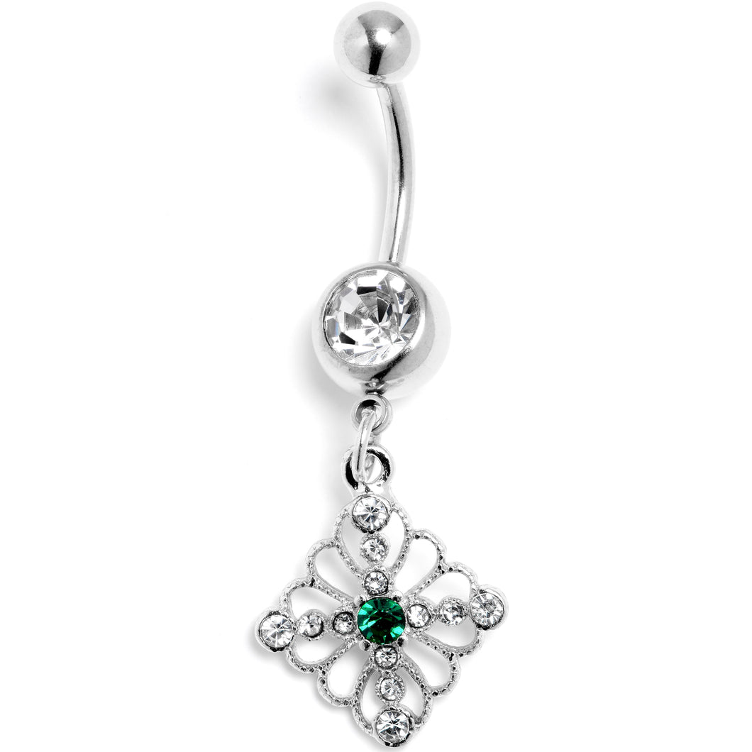 Clear Green Gem Filigree Cross Rhombus Dangle Belly Ring