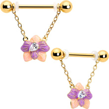 14G 9/16 Clear Gem Gold Tone Pastel Flower Dangle Nipple Ring Set
