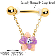 14G 9/16 Clear Gem Gold Tone Pastel Flower Dangle Nipple Ring Set