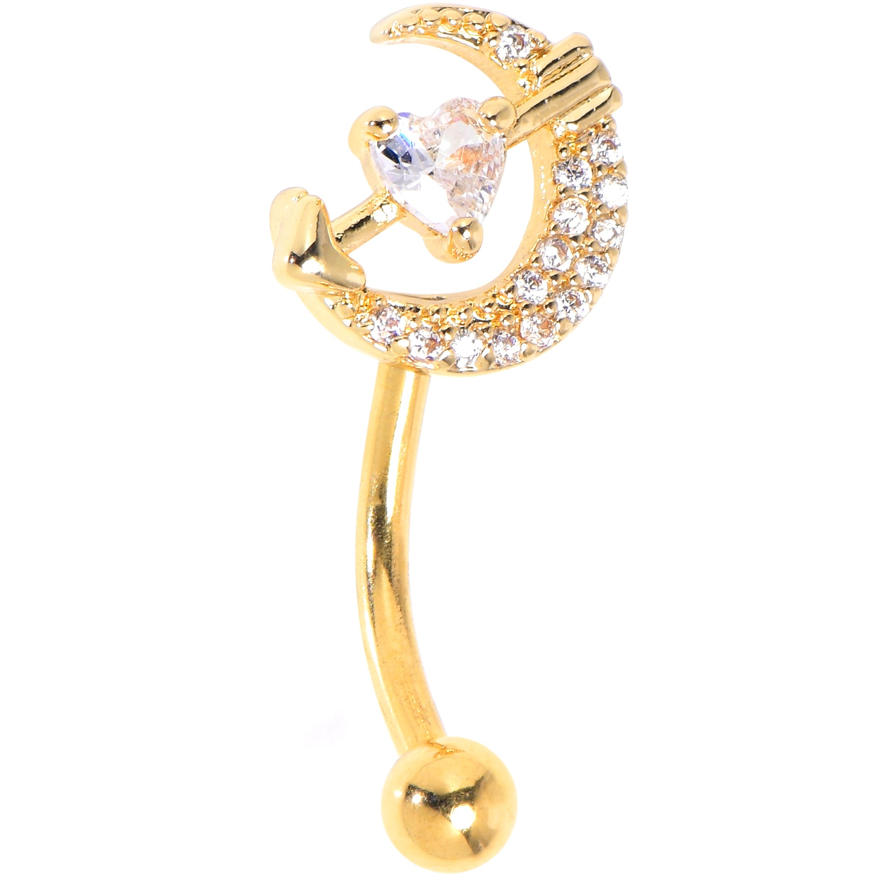 16G 5/16 Clear CZ Gem Gold Tone Moon Lover Curved Eyebrow Ring