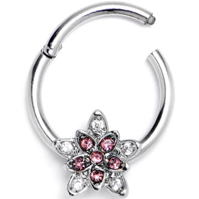 16G 3/8 Pink Clear CZ Gem Snowflake Flower Hinged Segment Ring