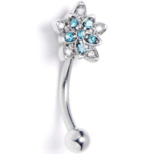 16G 5/16 Clear Blue CZ Gem Snowflake Flower Curved Eyebrow Ring