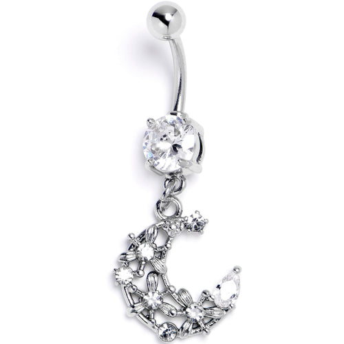 Clear Gem Flower Moon Dangle Belly Ring
