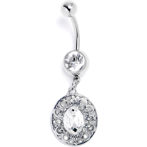 Clear Gem Flower Oval Elegance Dangle Belly Ring