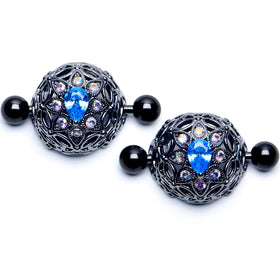 14G 9/16 Blue Aurora Gem Black Night Blossom Nipple Shield Set
