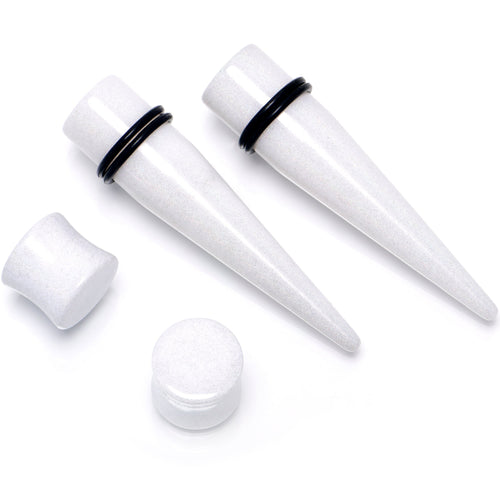 White Acrylic Shimmer Finish Taper Plug Set 6mm to 20mm Sizes