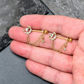 14G 9/16 Clear Gem Gold Tone Moon Lover Dangle Nipple Ring Set