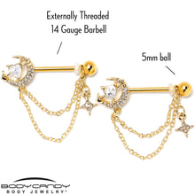 14G 9/16 Clear Gem Gold Tone Moon Lover Dangle Nipple Ring Set