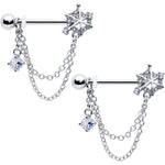 14G 9/16 Clear CZ Gem Spiderweb Chain Dangle Nipple Ring Set