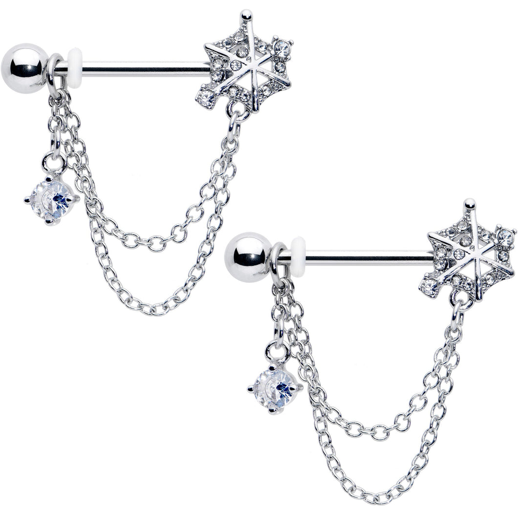 14G 9/16 Clear CZ Gem Spiderweb Chain Dangle Nipple Ring Set