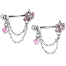 14G 9/16 Pink CZ Gem Spiderweb Chain Dangle Nipple Ring Set