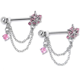 14G 9/16 Pink CZ Gem Spiderweb Chain Dangle Nipple Ring Set
