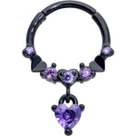 16G 3/8 Purple CZ Gem Black Love Heart Dangle Hinged Segment Ring