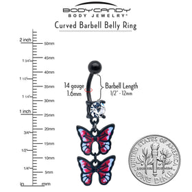 Clear CZ Gem Black Butterfly Duo Red Dangle Belly Ring