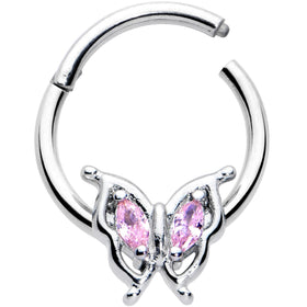 16G 3/8 Pink Gem Fancy Fab Butterfly Hinged Segment Ring