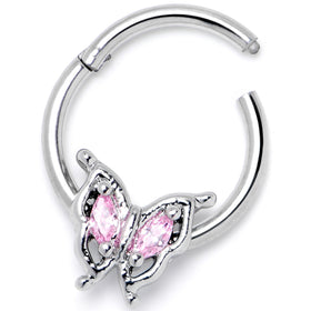 16G 3/8 Pink Gem Fancy Fab Butterfly Hinged Segment Ring