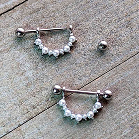 14G 9/16 White Faux Pearl June Birthstone Dangle Nipple Shield Set