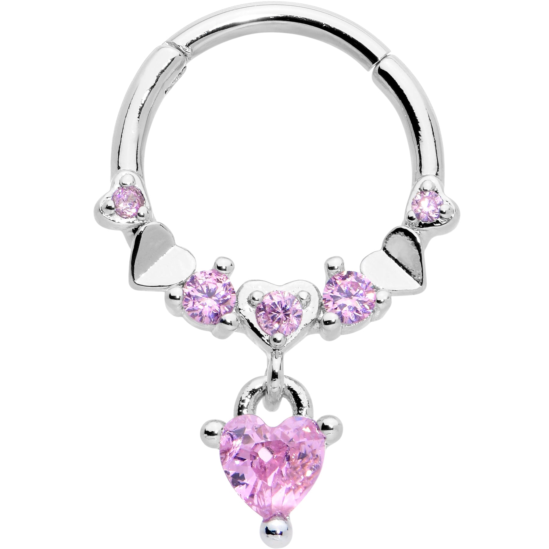 16G 3/8 Pink CZ Gem Love Heart Dangle Hinged Segment Ring