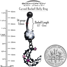 Clear Pink CZ Gem Black Flower Moon Dangle Belly Ring