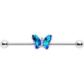 14G Blue CZ Gem Simply Colorful Butterfly Industrial Barbell 38mm