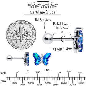 16G 1/4 Blue CZ Gem Simply Colorful Butterfly Cartilage Earring