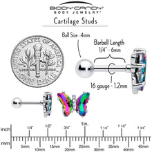16G 1/4 Rainbow CZ Gem Simply Colorful Butterfly Cartilage Earring