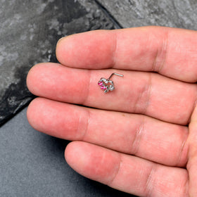 20G 7mm Clear CZ Gem Butterfly Rose Flower Pink L Shape Nose Ring