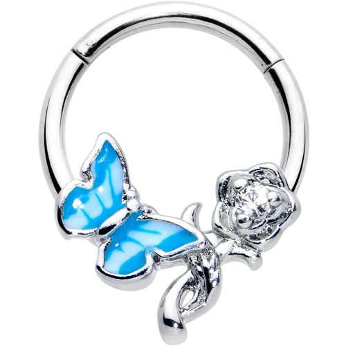 16G 3/8 Clear CZ Gem Butterfly Rose Blue Hinged Segment Ring