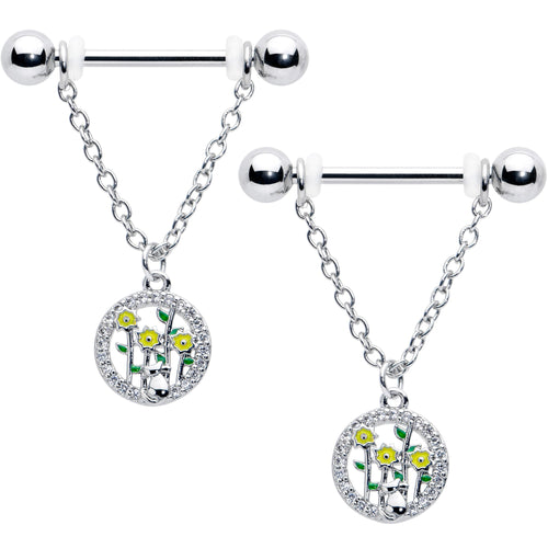 14G 9/16 Clear Gem Cat Yellow Flowers Chain Dangle Nipple Ring Set