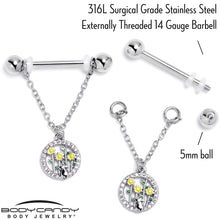 14G 9/16 Clear Gem Cat Yellow Flowers Chain Dangle Nipple Ring Set