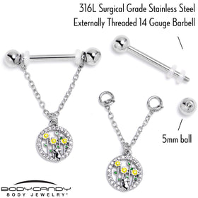 14G 9/16 Clear Gem Cat Yellow Flowers Chain Dangle Nipple Ring Set