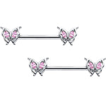 14G 9/16 Pink Gem Fancy Fab Butterfly Barbell Nipple Ring Set