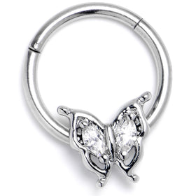 16G 3/8 Clear Gem Fancy Fab Butterfly Hinged Segment Ring