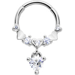 16G 3/8 Clear CZ Gem Love Heart Dangle Hinged Segment Ring