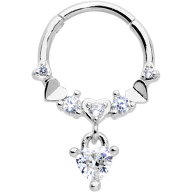 16G 3/8 Clear CZ Gem Love Heart Dangle Hinged Segment Ring