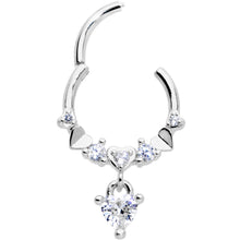 16G 3/8 Clear CZ Gem Love Heart Dangle Hinged Segment Ring