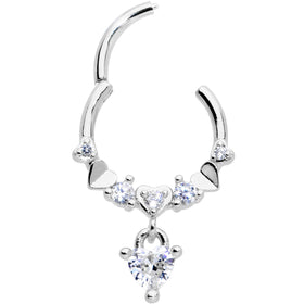 16G 3/8 Clear CZ Gem Love Heart Dangle Hinged Segment Ring