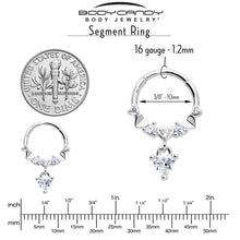 16G 3/8 Clear CZ Gem Love Heart Dangle Hinged Segment Ring