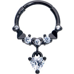 16G 3/8 Clear CZ Gem Black Love Heart Dangle Hinged Segment Ring