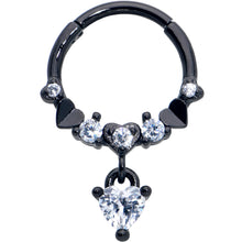 16G 3/8 Clear CZ Gem Black Love Heart Dangle Hinged Segment Ring