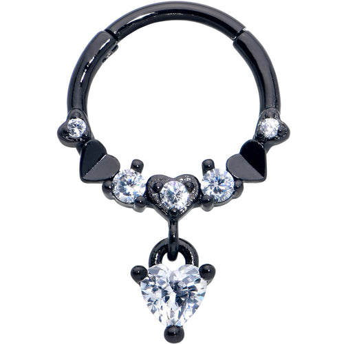 16G 3/8 Clear CZ Gem Black Love Heart Dangle Hinged Segment Ring
