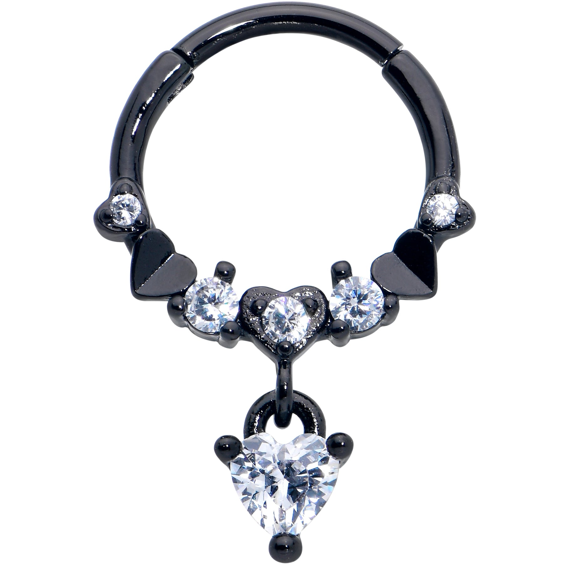 16G 3/8 Clear CZ Gem Black Love Heart Dangle Hinged Segment Ring