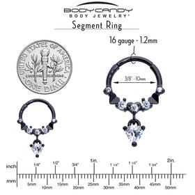 16G 3/8 Clear CZ Gem Black Love Heart Dangle Hinged Segment Ring
